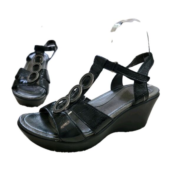 Naot Peace Wedge Platform Sandals Black Leather Strappy Bohemian Comfort EU 38/7 - Picture 1 of 16